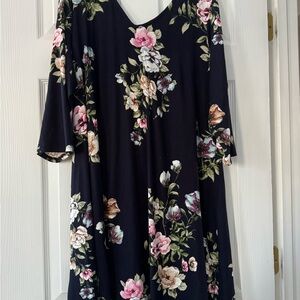 Floral Long Sleeve Dress in Black with Pink Accents